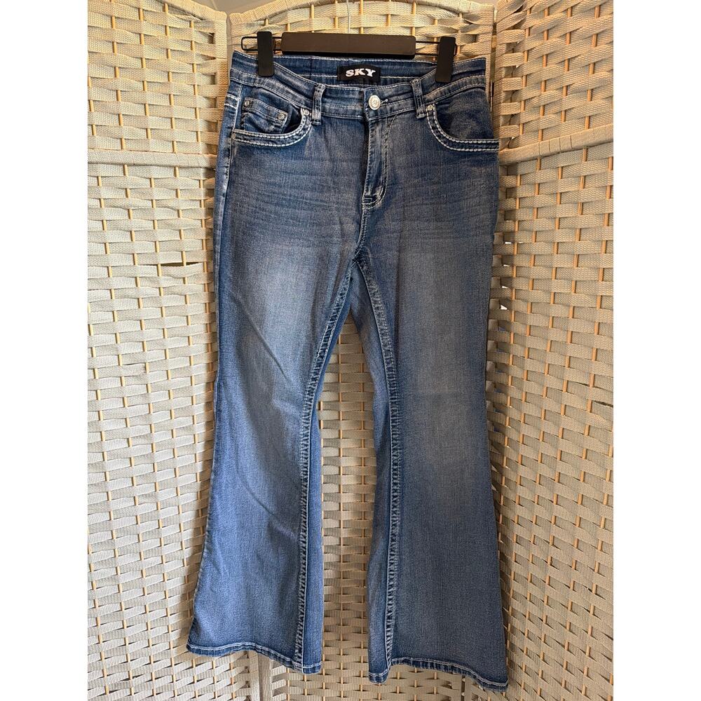 Sky Premium Women's Flared Leg Denim Jeans Blue 11 12 Embellished Pocket